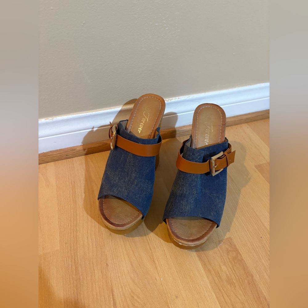 Denim Wooden Chunky Platform Heel